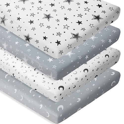 4 Pack Star and Moon Neutral Unisex Fitted Baby Sheets Set for Baby Boys or Girls (Play N)