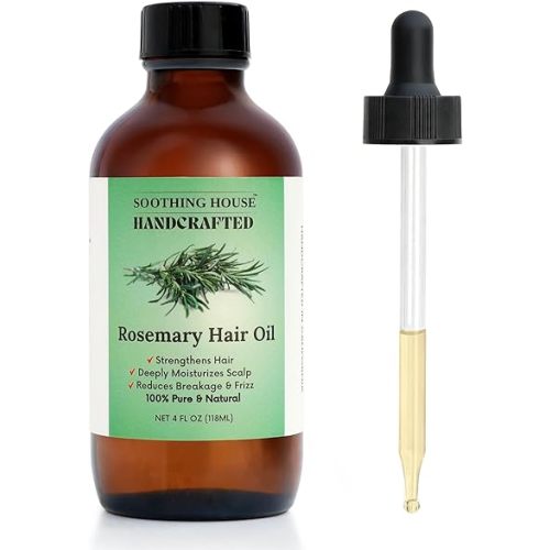 Soothing House 100% Natural Rosemary Hair & Scalp Oil – Strengthens, Nourishes & Moisturizes – Reduces Breakage & Frizz – Handcrafted with Castor, Jojoba & Vitamin E – All Hair Types (4oz)