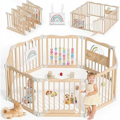 Foldable Wooden Playpen - Adjustable Wood Baby Play Yard with Door, Indoor Large Safety Fence for Babies and Toddlers - Easy Assembly, 8 Panels, Natural Rainbow Dream