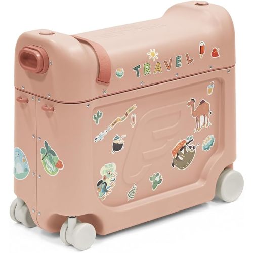 Stokke JetKids BedBox, Coral Pink - Ride-On Suitcase for Kids 2-7 Years Old (up to 77 lbs) - Transforms Into Bed - Includes Mattress