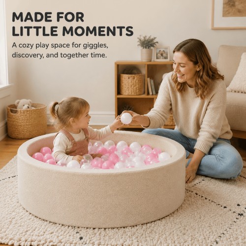 Moncoland Toddler Ball Pit, Soft Foam Ball Pool with 100 Balls, Plush Teddy Fleece Playpen for Babies and Kids, 33.5 x 10.4 in, Beige with Pink White Clear Balls