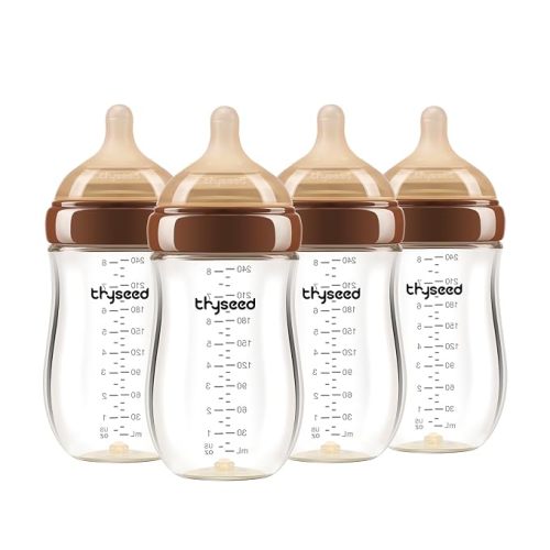 Thyseed Anti-Colic Glass Baby Bottle for Breastfed Infants, Natural Feeding, Breast-Like Newborn Medium Fast Flow Nipple (3m+), 8 oz, 4 Pack