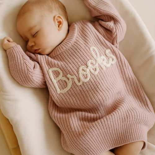 Hand-Embroidered Custom Name Baby Sweater: Personalised Knit, Personalised Holiday Keepsake Jumper for Kids & Babies
