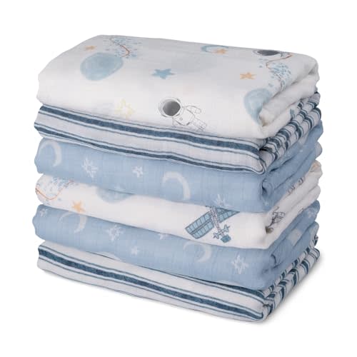 GLLQUEN BABY Receiving Blanket Boy Cotton Muslin Swaddle Blankets Girl Newborn Squares Breathable & Soft Thin Baby Blankets Cloths Double Absorbent Infant Swaddling Wrap - 6 Pack (Blue Astronaut)