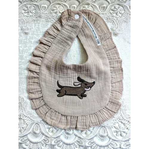 Embroidered Doggy Dachshund on Soft Light Tan Cotton Baby Bib with Ruffles - Please Promote Animal Rescue!