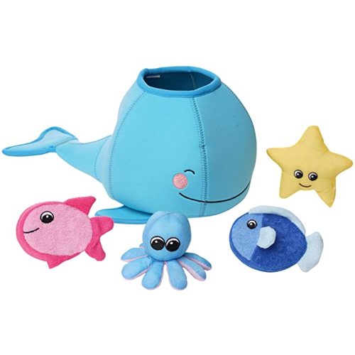 Manhattan Toy Neoprene Whale 5 Piece Floating Spill n Fill Bath Toy with Quick Dry Sponges and Squirt Toy