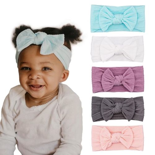 Parker Baby Co. Cable Knit Nylon Baby Headbands, 5 Pack - Matilda Set | Stretchy, gentle infant & toddler hair accessories for photos, outfits & baby shower gifts. 13" circumference fits 0-2+ years