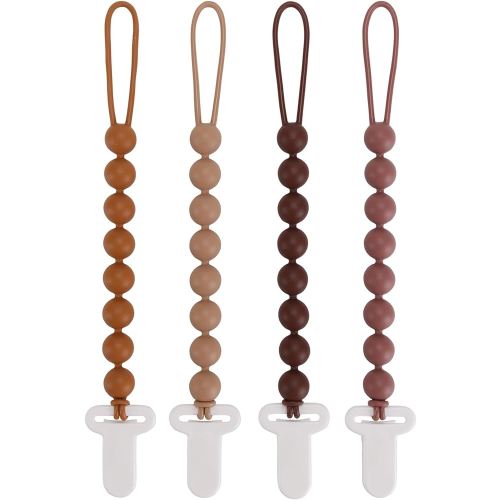4-Pack Silicone Pacifier Clips with One-Piece Beads for Baby Boys and Girls - Flexible and Rust-Free Holders for Teething Relief and Baby Essentials, Safe for Newborns (Brown)