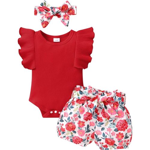 Tiny Cutey Baby Girl Clothes Infant Summer Outfits Set Ruffle Sleeve Romper and Floral Shorts with Headband