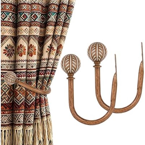 KAMANINA Curtain Holdbacks 2pcs,Imitation Wood Curtain Tiebacks Wall Mounted Curtain Hooks, Holders for Drapes with Leaf Pattern Finials, Wood Grain