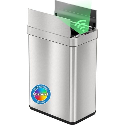 iTouchless 50 Liter / 13 Gallon Wings-Open Lid Sensor Kitchen Trash Can with Odor Filter – Dog-Proof Slim Automatic Stainless Steel Garbage Recycling Bin for Home, Office, Bedroom, Business or Garage