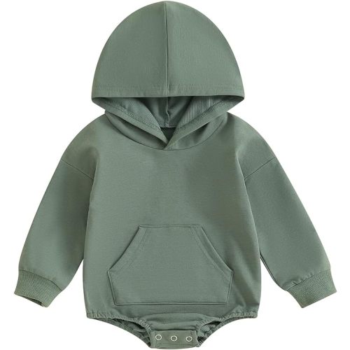 Covvoliy Newborn Baby Boy Girl Hooded Romper Long Sleeve Front Pocket Solid Color Hoodie Bodysuit Fall Winter Outfit