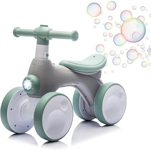 JoyRydz Baby Balance Bike 1 Year Old with Music, Lights, Bubble Machine, 4 Wheels Pedal-Less Toddler Ride on Toys for 12-36 Months Birthday Gift, Toddler boy Toys Ride on car (Green & Gray)