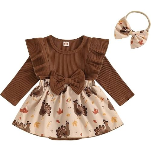 MoZiKQin Baby Girl Thanksgiving Outfit Newborn Romper Dress Ribbed Ruffle Skirt Hem Jumpsuit Cute Fall Clothes+Headband (Turkey Brown, 0-3 Months)