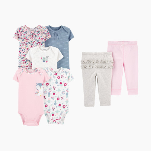 Carter's Short Sleeve Bodysuit with Pant Set - Assorted Blue/Pink Owl & Cacti/Light Pink/Grey Ruffle, 6M