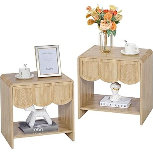 Night Stand Set of 2, Mid Century Modern Farmhouse Wood Nightstand with Wave Panel Drawer, Bed Side End Table for Small Space, Living Room - Natural