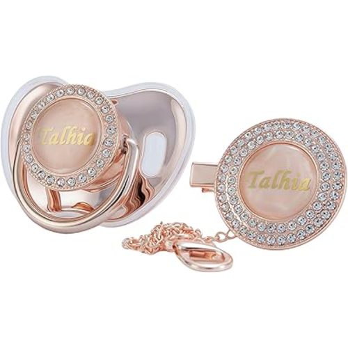 Custom Any Name Can Make Personalized Bling Pacifier and Pacifier Clip Set (Rose Gold)