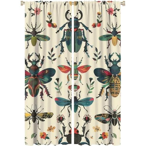 Rustic Beetle Blackout Curtains for Bedroom Living Room, Rod Pocket Insect Biology Floral Leaf Curtains Thermal Insulated Window Drapes 2 Panels, Each 21W x 63L