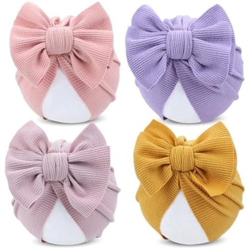 Cinaci 4 Pieces Baby Girls Turban Hats with Bow Newborn Hospital Caps Bonnets Beanies Headwraps for Infants Toddlers