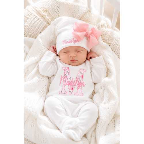 Pink Floral Newborn Girl Custom Romper: Baby Girl Take Home Outfit with Name with optional bow hat, headband, swaddle blanket