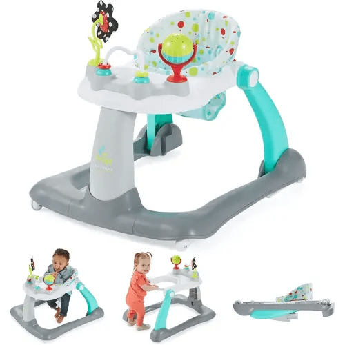 Kolcraft Tiny Steps 2 in 1 Foldable Infant and Baby Walker with Wheels, Seated or Walk Behind Activity Center, Entertaining Developmental Activities for Boys and Girls, Wide Base Sturdy Frame, Bubbles