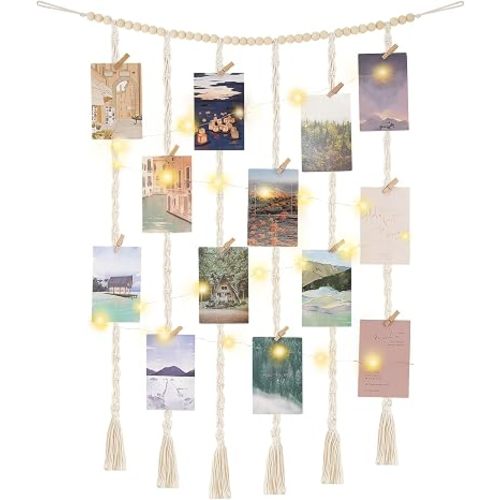Mkono Hanging Photo Display, Boho Macrame Wall Decor with Lights, Ivory
