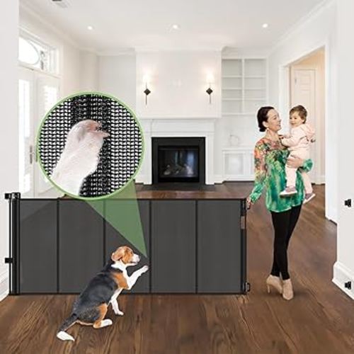 96 Inch Wide Reinforced Retractable Baby Gate with Support Rods, Extra Long Dog Gate Retractable Gate Outdoor Gates for Decks, Prevent Crawling Under Extra Long Baby Gates for Large Openings, Black
