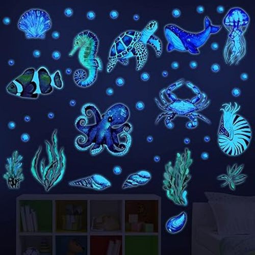 52 Pcs Ocean Fish Wall Decals Glow in The Dark Under The Sea Wall Decals Sea Animals Stickers Removable Waterproof Peel and Stick for Kids Bathroom Watercolor Ocean Decor(Funny Style)