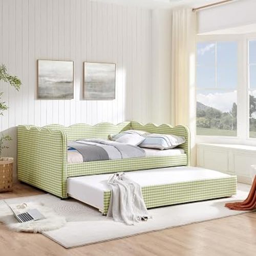 Yoglad Full Size Daybed with Trundle, Plaid Linen Upholstered Day Bed Frame with USB Charging Port and Wave Backrest, Gingham Daybed Wooden Extendable Sofa Bed for Bedroom, No Box Spring Needed(Green)