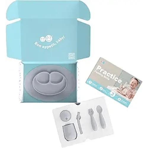 ezpz Kit 3: Practice Feeding Skills (Pewter) - Tools to Help Your Toddler Practice Scooping, Piercing, Straw Drinking, and Self-Feeding - Toddler Essentials & Gifts
