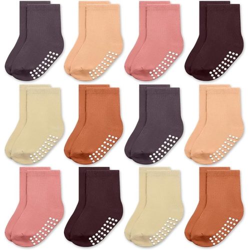 JAKIDAR 12 Pack Baby Toddler Socks Non Slip Grip Cotton Crew Socks for Boys Girls Infants Kids