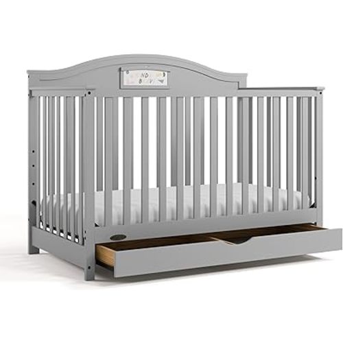 Graco Story 5-in-1 Convertible Crib with Drawer – GREENGUARD Gold Certified Wood Crib, Converts to Toddler Bed, Daybed, Full-Size Bed, Nursery Storage Drawer, Reversible Headboard (Pebble Gray)