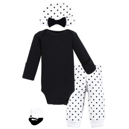 Hudson Baby Girls Thermal Preemie Layette Set 4pc Long Sleeve Outfit, Black White Dots, Preemie