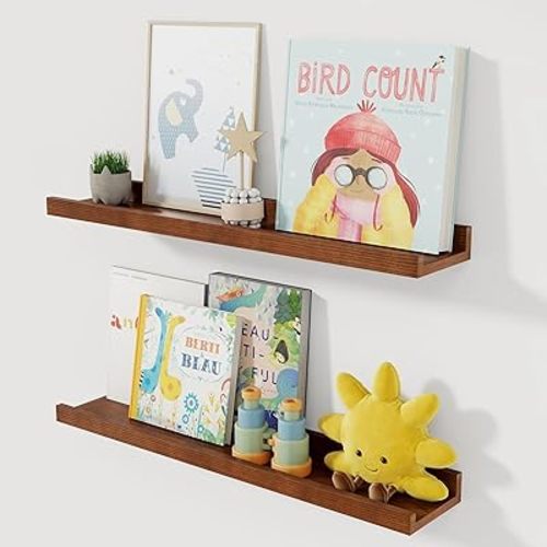 Solid Ash Wood Picture Ledge Shelf, 24 Inch Floating Shelves with Lip Set of 2, Photo Ledge Shelf Nursery Bookshelf Wall Mounted for Living Room Bedroom Decor, Walnut