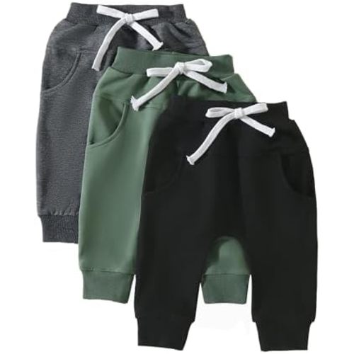 3 Pack Toddler Baby Boy Pants Solid Color Pull On Jogger Pants Cotton Infant Sweatpants 0-3Y