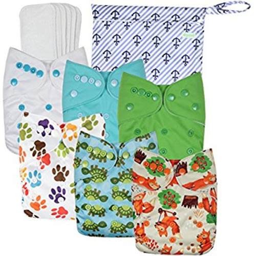 Wegreeco Washable Reusable Baby Cloth Pocket Diapers 6 Pack + 6 Bamboo Inserts (with 1 Wet Bag,Neutral Prints) - Neutral Prints + 1 Wet Bag