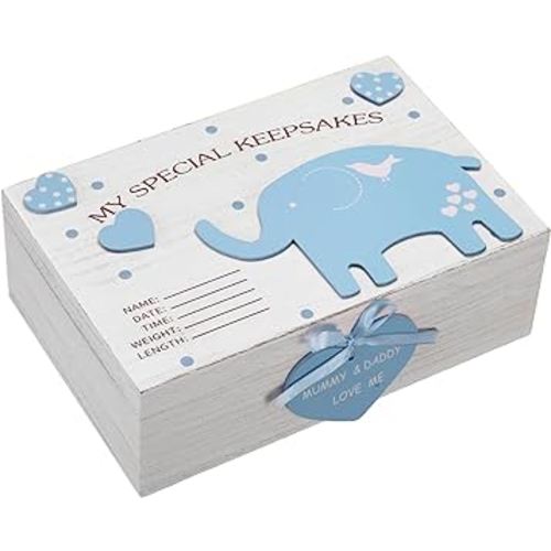 Soaoo 3D Wooden Baby Boys Memories Keepsake Box Baby Girls Elephant First Keepsake Box New Parent Newborn Baptismal Birthday Gift for Mementos 11.81'' x 7.87'' x 3.94''(Blue)