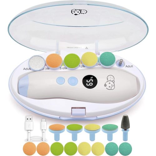 Royal Angels Rechargeable 22 in 1 Baby Nail Trimmer with LCD Display, Labeled Case, 13 Extra Pads, 4 Speed Settings, Safe Quiet LED Light Electric Baby Nail File Kit for Newborns Toddlers (WhiteBlue)