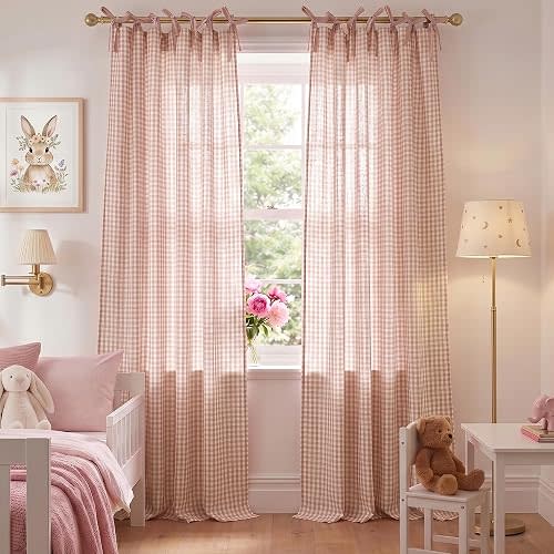 NICETOWN Tie Top Gingham Light Pink Curtains 84 Inches Long