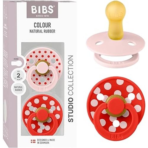 BIBS Polka Dots Pacifier 2-Pack, BPA Free Pacifiers with a Round Latex Nipple, Made in Scandinavia, Size 2 (6-18 Months), Blossom/Candy Apple