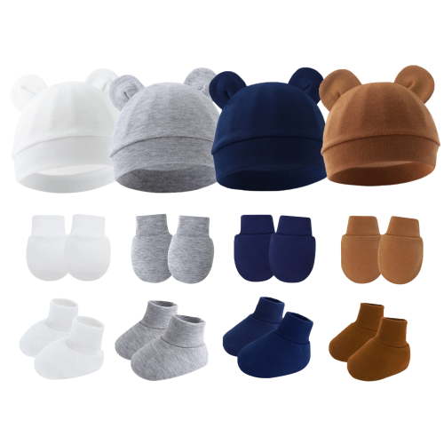 FEOYA Newborn Hospital Hat Cotton Baby Boy Beanie Caps Infant Bear Ears Preemie Cap Preemie No Scratch Mittens Baby Girl Hat Mitten Sock Set 4 Pack for 0-6 Months(Caramel Navy Blue White Gray)