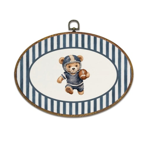 Amazon.com: kdqua Bear Football Sports Boy Nursery Oval Wall Art Decor 11.4x8.6 Inch | Sports Playroom Canvas Artwork Framed, Blue Striped Football Player Bear Wall Hanging Decorations for Kids Boys Room Bedroom