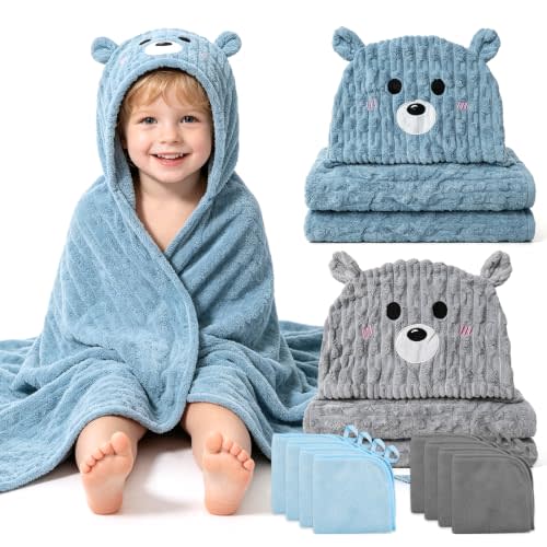 2 PCS 55" x 27.5" Plus Size Hooded Baby Bath Towels & 8 PCS Washcloths Set | Thicken, Ultra Absorbent, Soft Baby Towels for Newborns, Infants, Toddlers & Children, Gray + Blue