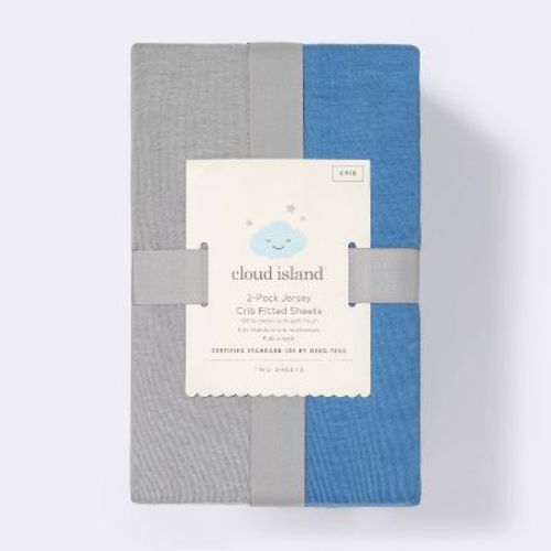 Fitted Jersey Crib Sheet - Cloud Island™ Gray & Blue 2pk: Cotton, 150 Thread Count, Standard Crib/Toddler, Solid Pattern