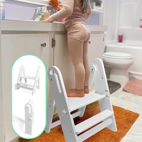 Step Stool Foldable for Toddlers, Adjustable Kids Step Stool for Bathroom Sink Toilet Potty Training Stool with Handles Child Kitchen Counter Stool Helper Montessori Kitchen Stools