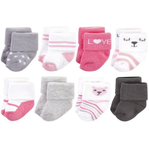 Hudson Baby Infant Girls Cotton Rich Newborn and Terry Socks, Bear Girls 8Pk, 6-12 Months