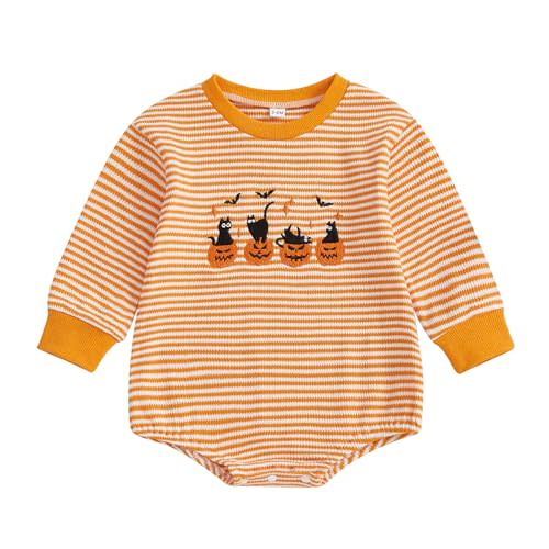 Karuedoo Newborn Baby Boy Girl Halloween Outfit Pumpkin Ghost Embroidery Stripe Long Sleeve Bubble Romper Waffle Bodysuit