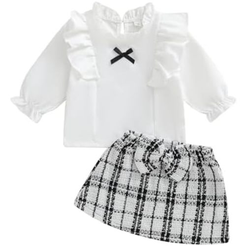 VISGOGO Toddler Girl Skirts Outfit Ribbed Long Sleeve Tops Plaid Tweed Pattern Skirt Beret Baby Fall Winter Clothes