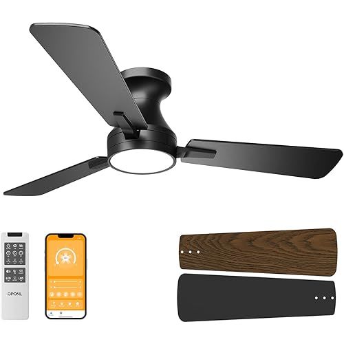 42 Inch Ceiling Fans with Light, Black Low Profile Ceiling Fan with Light, Remote Control, Flush Mount, Reversible, 6CCT, Dimmable, Noiseless, Modern Ceiling Fan for Bedroom, Indoor/Outdoor Use