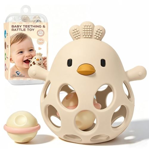 2-in-1 Baby Teether Rattle Toy, Easy Grip Silicone Teething Toy for Babies 3-12 Months, BPA-Free Sensory Chew Toy for Sore Gums, Infant Shower Gift (Beige w/Rattle)